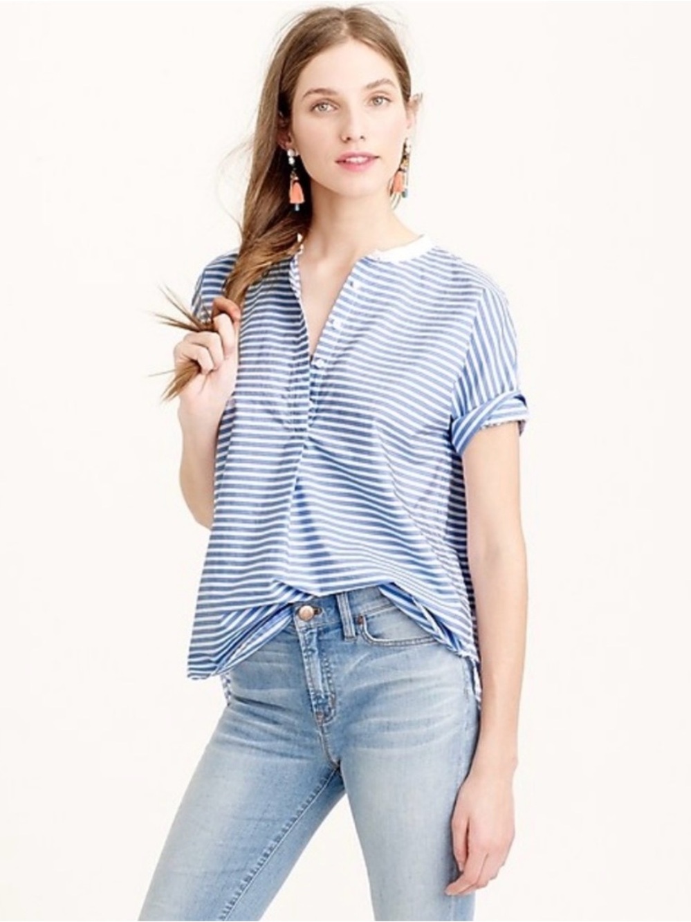 J Crew COLLARLESS SHORT-SLEEVE Striped Blouse- XXS